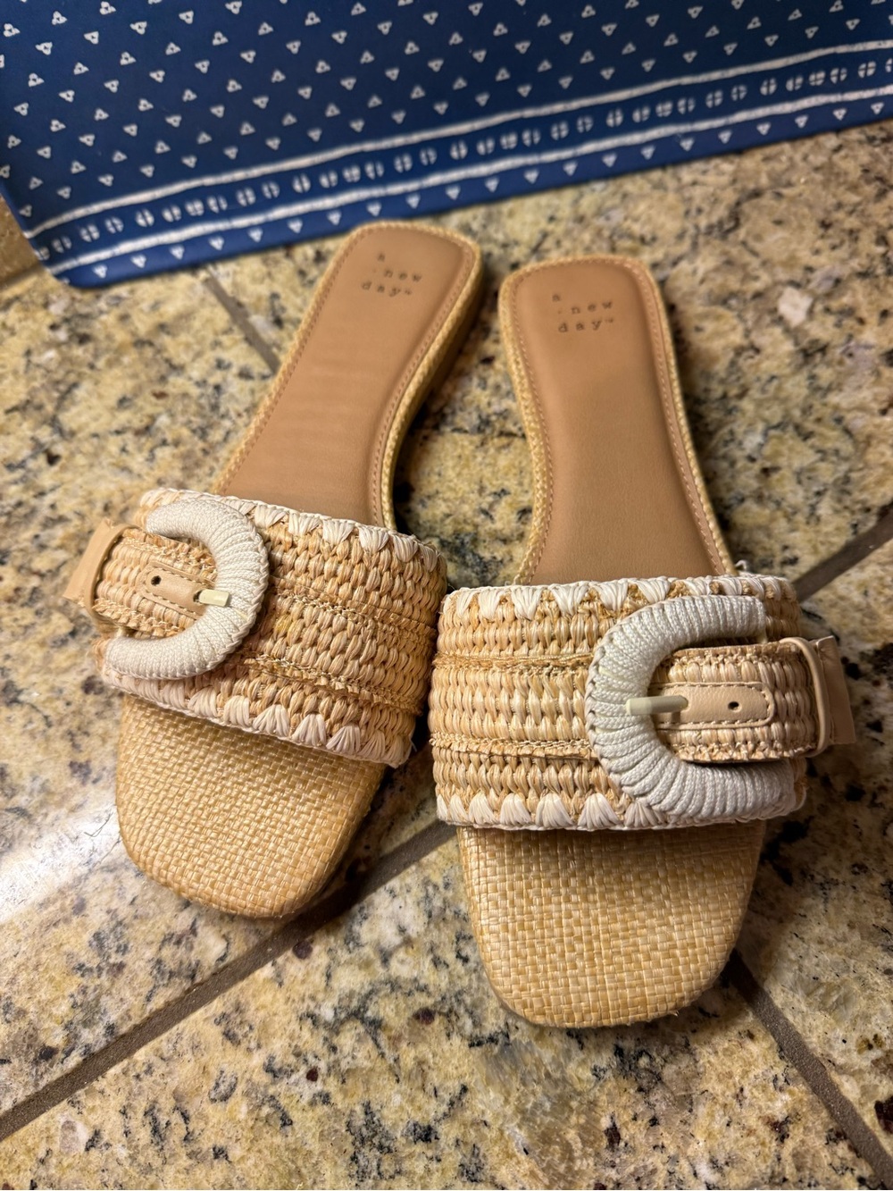 a new day Natural Raffia Slide Mules with Wrapped Buckle
